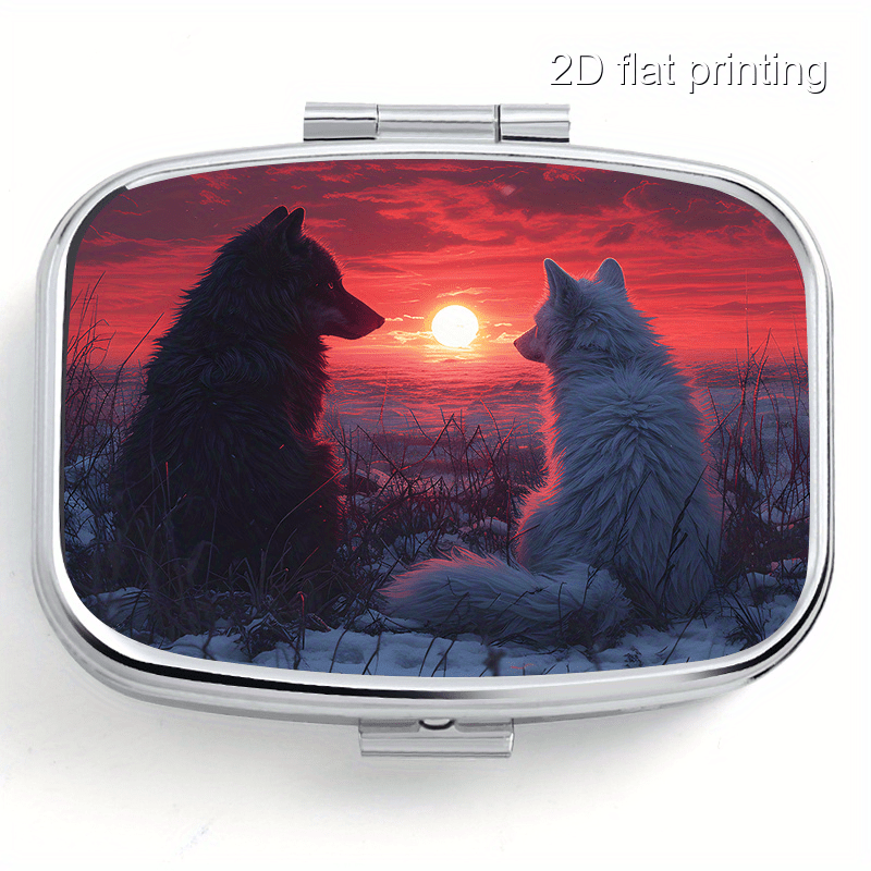 Wolf Jewelry & Watches Tampa Reviews - 単品、平型の狼模様ポータブルピルボックス - 2区画の薬箱、旅行やアウトドアでの使用に適しています。金属製のビタミンボックスにはジュエリーラック付き、防湿性があり、ユニークなギフトアイデアです。