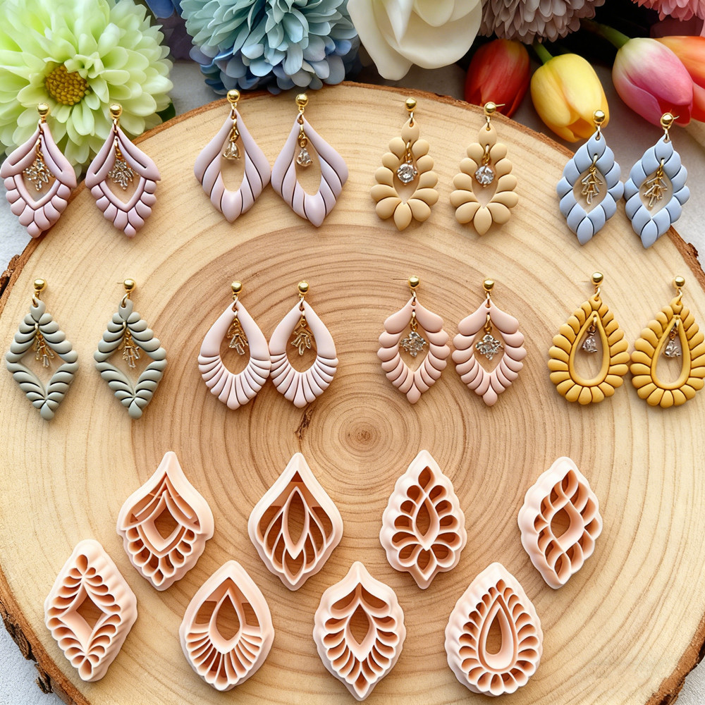 Diamond Stud Earrings - アートスカラップティアドロップデコポリマークレイカッターエレガントダイヤモンド中空エンボス加工イヤリングジュエリー陶器粘土製作ツール