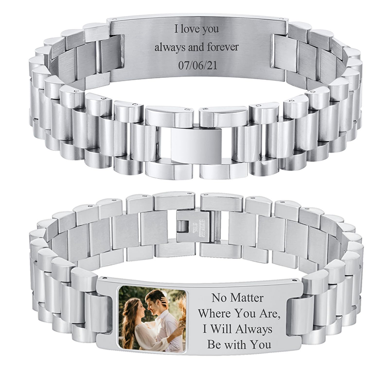 Jewelry Style Watches - カスタム画像テキストブレスレット時計バンドステンレス鋼リンクブレスレットカスタム彫刻写真/テキスト/名前ブレスレットジュエリー男性用