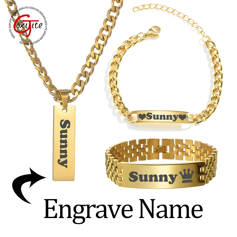 Engraved Name Necklace - Goxijite カスタム刻印ネームネックレスキューバチェーンセットステンレス鋼刻印テキストシンボルブレスレット男性女性ジュエリーギフト