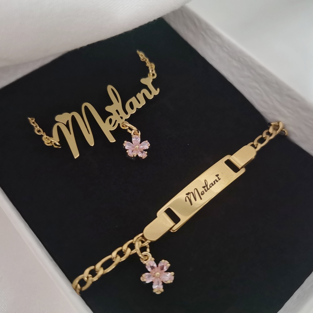 Engraved Name Necklace - Leechee-子供のための小さなペンダントネックレス,カスタム名のネームレター,刻まれたブレスレット,ジュエリーセット,フラワーギフト