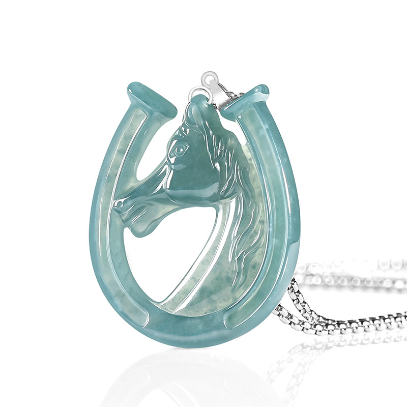 Jewelry & Watches Sp Z Oo Ul Frezerów 3 - S925シルバー天然ブルーウォータージェイド馬蹄ペンダントネックレス彫刻チャームジェダイトジュエリーファッションお守りギフト券