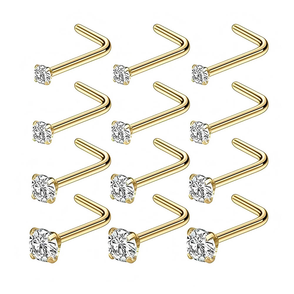 Diamond Stud Earrings - 12個入りフルセット 316L低アレルギー性L字型ノーズスタッド マルチサイズCZダイヤモンドノーズリング 1.5～3mmピアススタッド 女性用