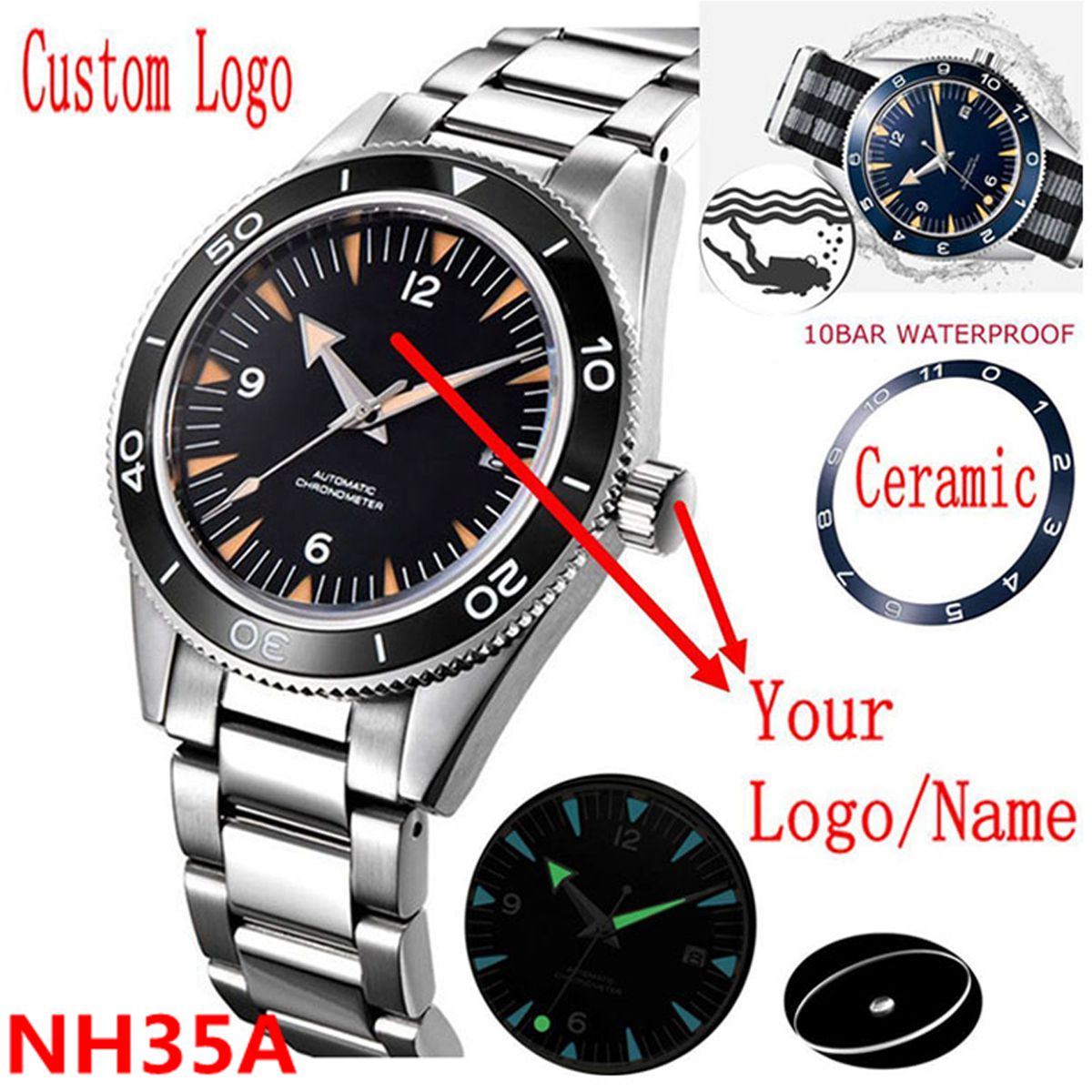 カスタムロゴ NH35 ムーブメント腕時計 10bars メ - Jewelry Style Watches のレビューと価格