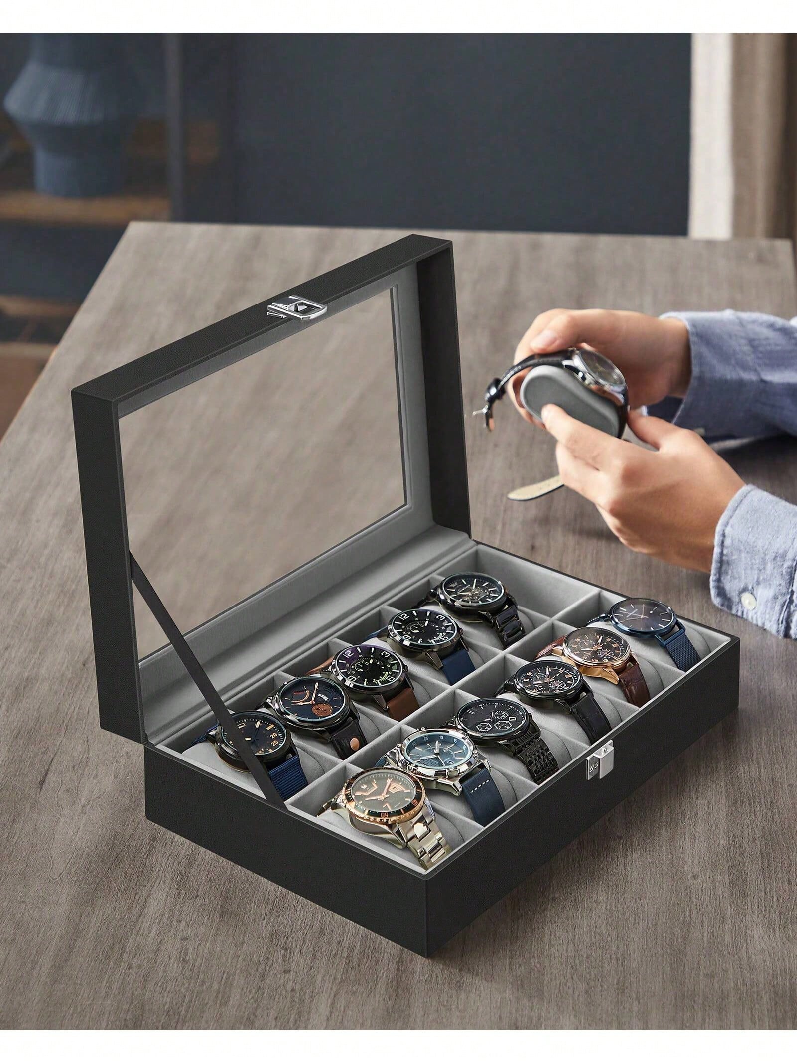 12スロットのロック可能な時計ボックス、ガラス蓋と引き出し付 - Jewelry Stores Watches のレビューと価格