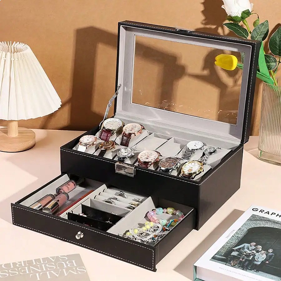 引き出し付きの12個収納可能な腕時計ボックス。高級感のあるレ - Jewelry Watches Box のレビューと価格