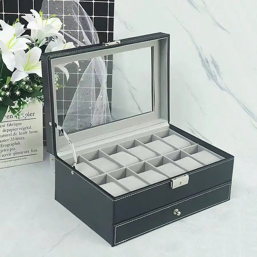 引き出し付きの12個収納可能な腕時計ボックス。高級感のあるレ - Jewelry Watches Box のレビューと価格