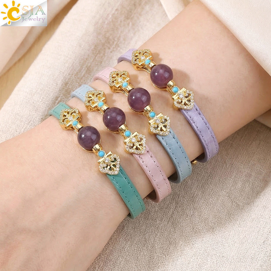 CSJA ボヘミアンレザーブレスレット、調節可能なアメジスト - Stones Watches & Jewelry In Sweden Ab のレビューと価格