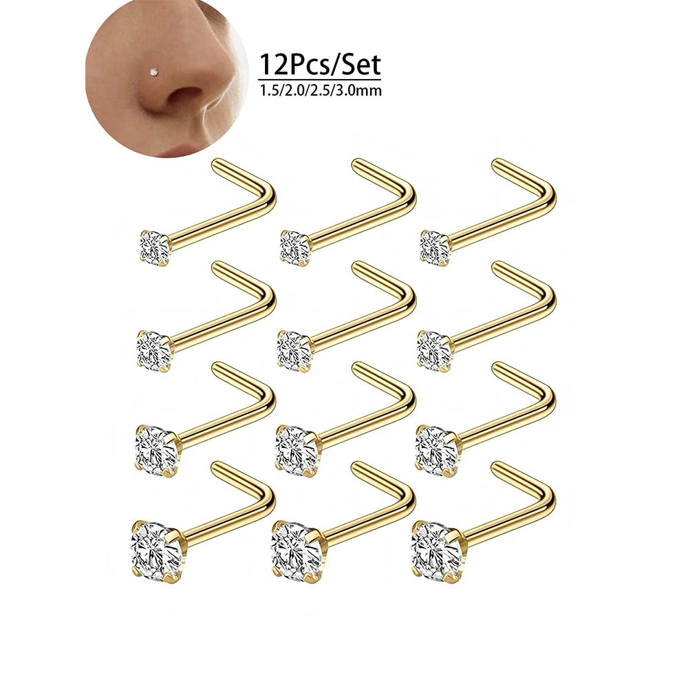 12個入りフルセット 316L低アレルギー性L字型ノーズスタ - Diamond Stud Earrings のレビューと価格